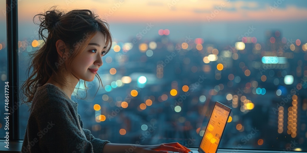 Wall mural A dedicated Japanese businesswoman, working overtime with a laptop in a modern skyscraper at night.