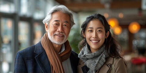 Fototapeta premium A cheerful Chinese family, a loving senior man with a granddaughter, enjoys happiness outdoors.