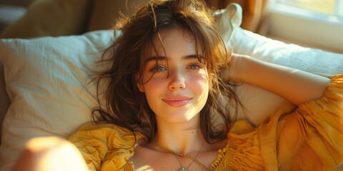 A pretty, joyful woman in a relaxed morning, lying in nature with a sunny beam. - obrazy, fototapety, plakaty
