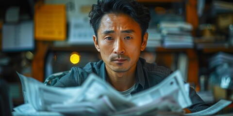 A stressed Japanese man with a pile of bills, reflecting financial hardship and pressure.