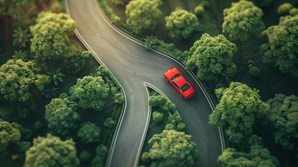 Aerial view of a red car on the curves road in the forest.
