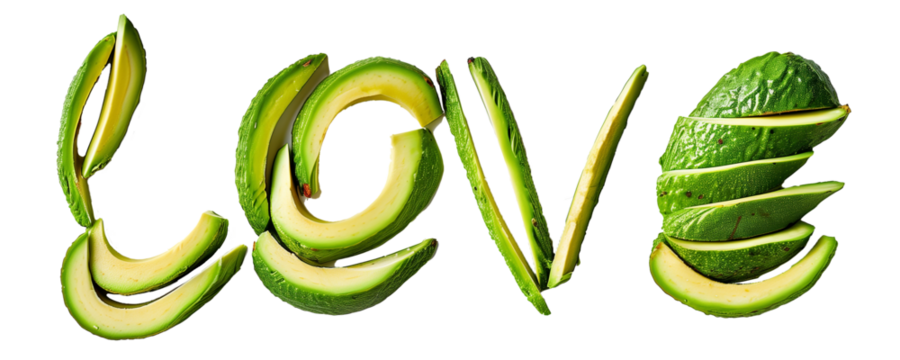Avocado love word art, Healthy food concept with fresh avocado slices, Vegan vegetarian lifestyle  | Generative AI
