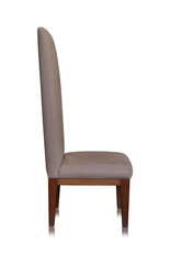 side view of wooden chair with fabric seat on white background