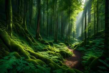 Nature green forest trees background, Caucasus, Russia - obrazy, fototapety, plakaty