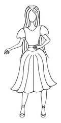 Young woman. Sketch. Lady in a blouse with bell sleeves and a fluffy long skirt with a belt. Vector illustration. Doodle style. A girl with long hair froze in a beautiful pose. 