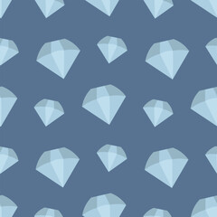 Brilliant. The precious stone is a diamond. Seamless vector pattern. Crystal with several shining facets. Endless crystal design. Isolated blue background. Idea for web design.