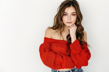 Pretty Young Woman in Off-the-Shoulder Sweater and Skinny Jeans photo on white isolated background - obrazy, fototapety, plakaty