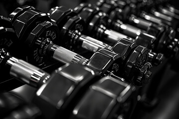 Naklejka premium Closeup of dumbbells in a row. Selective focus.