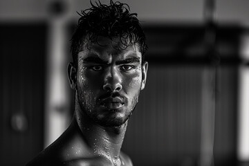 Black and white portrait of a muscular young man in the gym. - obrazy, fototapety, plakaty