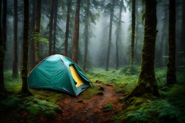 rain on the tent in the forest - obrazy, fototapety, plakaty