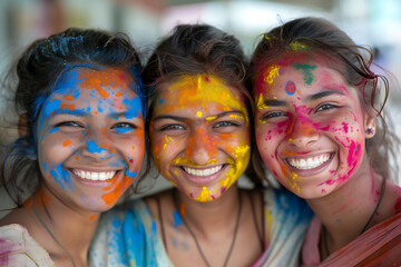 Friends celebrate Holi, covered in vibrant powder paint. They enjoy the festival of colors, smiling and laughing. This image is perfect for: festival, celebration, color powder, friendship.