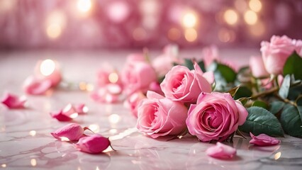 pink roses whispers of a sparkling tale of fresh soft renewal filled by ambient soft sunlight. Wedding concept.
