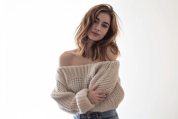 Pretty Young Woman in Off-the-Shoulder Sweater and Skinny Jeans photo on white isolated background --ar 3:2 --v 6 Job ID: 4388c9b3-07ec-43f7-992d-0a88292e6012 - obrazy, fototapety, plakaty