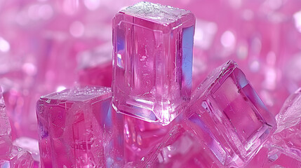 crystal clear ice cubes on pink background. Macro.
