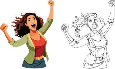 happy female figure raises fists to the sky-