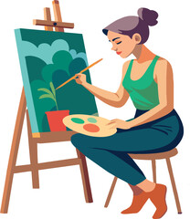 Sitting woman is painting a picture-