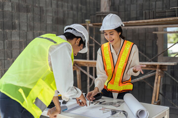 Two Specialists Inspect Commercial, Industrial Building Construction Site. Real Estate Project with Civil Engineer