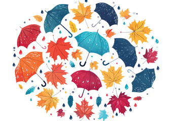 Fototapeta na wymiar Set of Hand Drawn Colorful Umbrellas Maple Leaves 