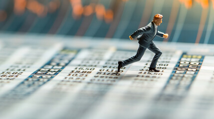 A tiny figure of a businessman in a suit, joyfully running on a giant stock market ticker, business and financial concept - obrazy, fototapety, plakaty