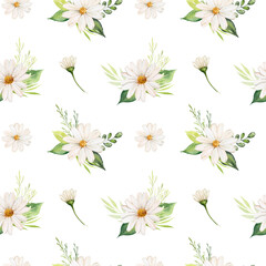 Fototapeta na wymiar Watercolor seamless pattern with bouquets of daisies and leaves. Botanical print with floral arrangements, chamomile flowers, greenery, twigs and leaves. Wallpaper, background, textile design.