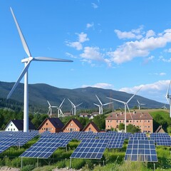 Green Energy in Rural Landscape with Solar and Windmills