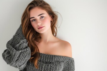 Pretty Young Woman in Off-the-Shoulder Sweater Dress photo on white isolated background - obrazy, fototapety, plakaty