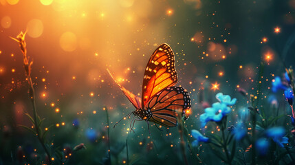 Butterfly on meadow with flowers and bokeh lights