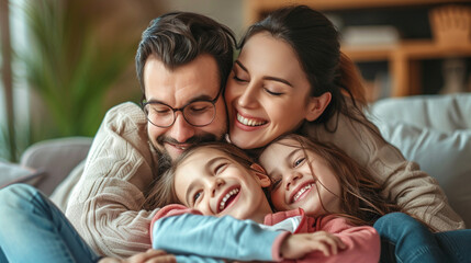 Happy family spending time together at home. Mother, father and their daughter are hugging and smiling.