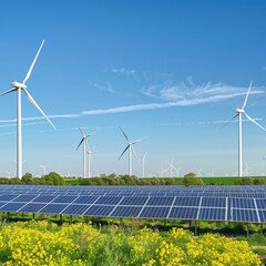 Sunlit Solar Fields and Windmills Generating Clean Energy
