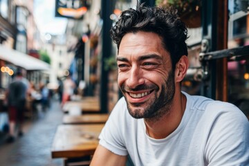 Portrait of a handsome young man smiling and looking at camera in the city - obrazy, fototapety, plakaty