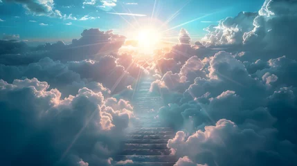 Fotobehang Symbolic staircase made of clouds ascending towards a radiant conceptual and inspirational represent hope. © YUTTADANAI