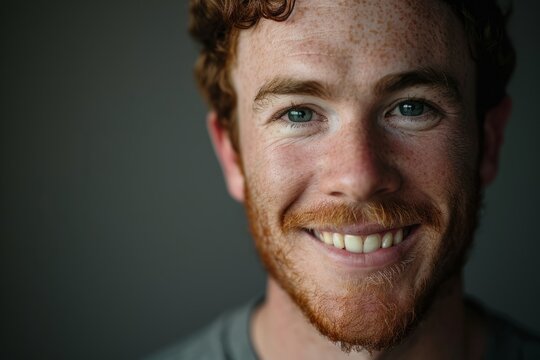 Portrait of a redhead man with freckles and beard.