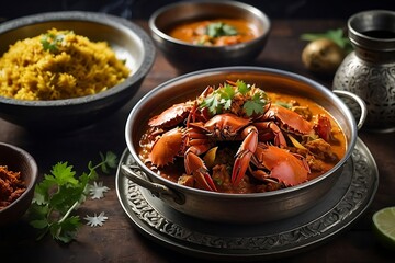 A mouth-watering sri Lankan crab curry, perfectly isolated in a restaurant table with  vibrant colors it look almost too real to eat..

