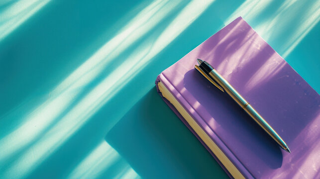 a purple notebook sitting on top of a blue surface with a pen on top of one of the notebooks.