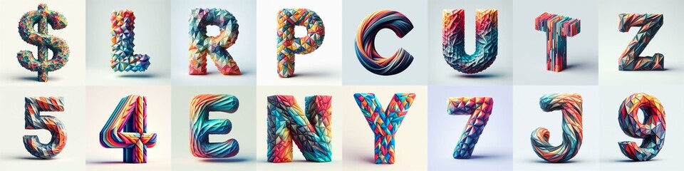 Modern 3D lettering blends Trianglify colors. AI generated illustration