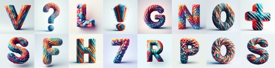 Modern 3D lettering blends Trianglify colors. AI generated illustration