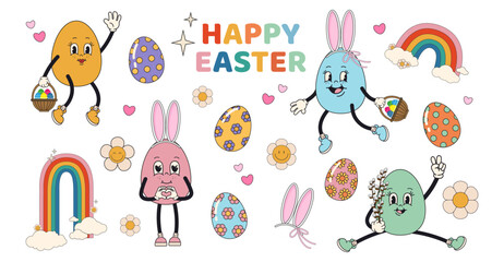 Groovy Easter card with funny eggs characters with cheerful faces. Vector illustration in trendy psychedelic retro style of the 60s, 70s isolsted on a white background.
