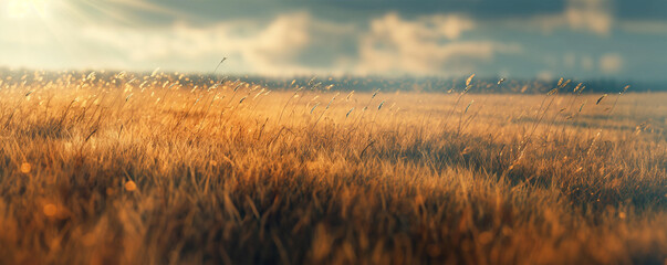 Golden hour wheat farm meadow, Sunlit rural field with warm gold tones and rolling clouds in the distance | Generative AI