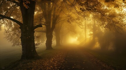 the sun shines through the foggy trees path through a park foggy autumn day.