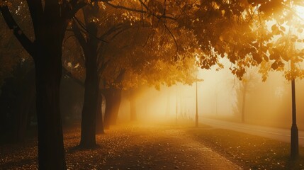 the sun shines through the trees day in a park autumn day. - obrazy, fototapety, plakaty