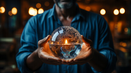 Global businessman holding world map sphere in hand for success in business and care for the environment - a concept for a better future, generative AI