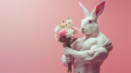 Easter rabbit bodybuilder in with bouquet of flowers on pink sunny background, copy space. Sporty rabbit - obrazy, fototapety, plakaty