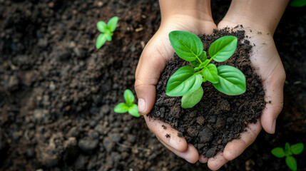 Human hands holding green seedling growing in soil. Earth day concept