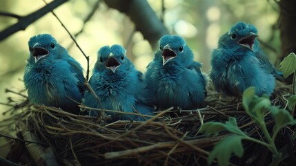 a group of baby blue birds sitting on top of a bird's nest in a tree filled with leaves. - obrazy, fototapety, plakaty