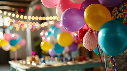 Creating a cheerful atmosphere with balloons and decorations for a festive gathering. Copy Space.