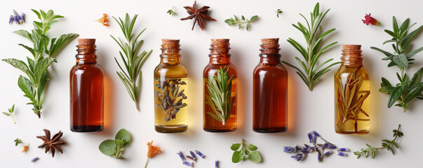 Essential Oils Assortment with Herbal Accents.
A neat row of essential oil bottles with assorted herbs on white backdrop.