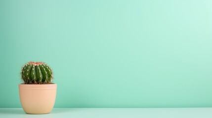a cactus in a pot on a table against a mint green background with copy - space for text or image.
