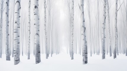 a forest filled with lots of tall trees covered in a snow covered forest filled with lots of tall white trees.