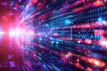 Vibrant digital binary code with motion blur.
