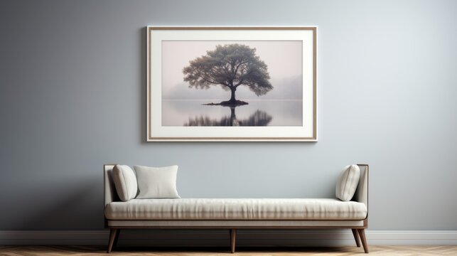 a living room with a couch and a picture of a tree in the middle of the room on the wall.